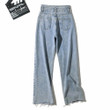 Waist Hollow-out Wide-leg Pants High Light Color Cotton Blue Trousers Urban Casual Jeans