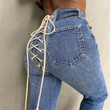 Autumn Women Clothing Fashion Slim-fit Creative Back Contrast Color Lace-up Jeans