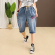 Women's Six-point Jeans Summer Water-washing Embroidery Line Casual Pants Baggy Straight Trousers
