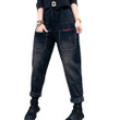Jeans Women's Retro Style Large Pocket Loose Fleece Padded