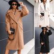 Double Breasted Suit Collar Solid Color Long Woolen Coat