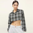 Women's Summer Long-sleeved Lapel Straight Contrast Color Check Short Shirt Blouses