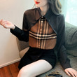 Early Autumn Collar Sneaky Design Color-contrast Check Top British Style Slimming Women 's Shirt Blouses