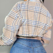 Bonte Women's Lapel Zipper Pocket Long Sleeve Pleated Plaid Fashion Blouse