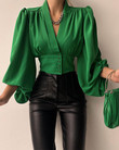Autumn Women's Shirt Temperament Commute Cardigan Waist-tight V-neck Green Long Sleeve Lantern Blouses