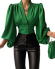 Autumn Women's Shirt Temperament Commute Cardigan Waist-tight V-neck Green Long Sleeve Lantern Blouses