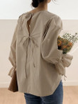 Bell Sleeve Solid Color Shirt Top Women's Ninth Design Sense Back Lace-up Bow Clothing Blouses