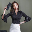 Women's Slim Fit Slimming Flared Sleeves V-neck Temperament Shirt Korean Style Black Blouses