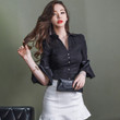 Women's Slim Fit Slimming Flared Sleeves V-neck Temperament Shirt Korean Style Black Blouses