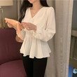 Women's Korean Elegant V-neck Shirt Temperament Pure Color Waist-controlled Long Sleeves Small Top Blouses
