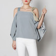 Korean Style Contrast Color Off-the-shoulder Strap Irregular Loose Slimming Silky Satin Shirt Top Blouses