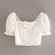 Women's Daisy Printed Short-sleeved Top Summer Slim Fit Square Collar Lace-up Puff Sleeve Shirt Blouses