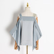 Korean Style Contrast Color Off-the-shoulder Strap Irregular Loose Slimming Silky Satin Shirt Top Blouses