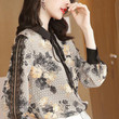 Faux Silk Shirt Lace Contrast-color Stitching Mulberry Bow Top Blouses