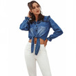 Special Women's Clothing Ruffled Lace-up Washed Denim Shirt Female Midriff-baring Top Blouses