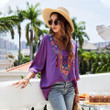 Women's Fashion Embroidered Flower Shirt V-neck Loose All-matching Long Sleeve Top Blouses