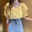 Women's Korean V-neck Hollow Shirt Stitching Lace Short-sleeved T-shirt Top Blouses