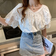 Women's Korean V-neck Hollow Shirt Stitching Lace Short-sleeved T-shirt Top Blouses