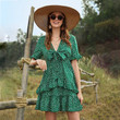 Bohemian Floral Print Patchwork Ruffled V-neck Lace-up Bell Sleeve Dress