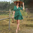 Bohemian Floral Print Patchwork Ruffled V-neck Lace-up Bell Sleeve Dress