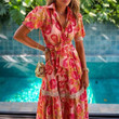 Women 's Summer V-neck Patchwork Short-sleeved Bohemian Dress