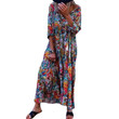 Women's Casual Printed Color Collar Ruched Loose Vacation Boho Maxi Dress Bohemian