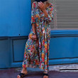 Women's Casual Printed Color Collar Ruched Loose Vacation Boho Maxi Dress Bohemian