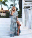 Trendy Positioning Printed V-neck Slimming Hollow-out Long Dress Bohemian