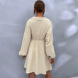 Women's Elastic Waist Solid Color Lapel Long Sleeve Dress