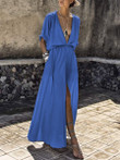 Women's Solid Color Deep V Half Sleeve Split Dress