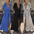 Women's Solid Color Deep V Half Sleeve Split Dress