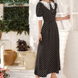 Summer Black Polka Dot Dress High Waist Lace Collar Floral Women's Clothing