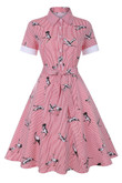 Retro Hepburn Style Striped Lapel Large Swing Dress