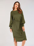 Women's Round Neck Solid Color Lace-up Long Sleeve Dress