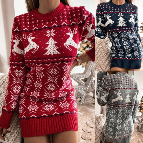 Christmas Sweater Tight Sexy Theme Jacquard Long Sleeve Knitted Dress