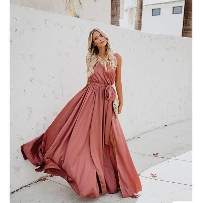 Women's Bohemian Solid Color V Sleeveless High Slit Large Swing Patchwork Long Dress