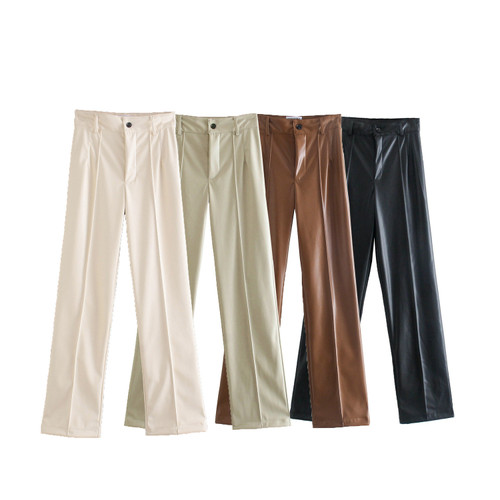 High Waist Slimming Faux Leather Pants Fashion Solid Color Trousers Urban Casual Simple Style Women's Bottoms