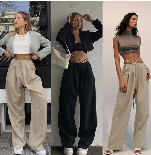 Design Personality Rope Wide-leg Suit Pants Female High Waist Retro Casual Mopping Trousers Bottoms