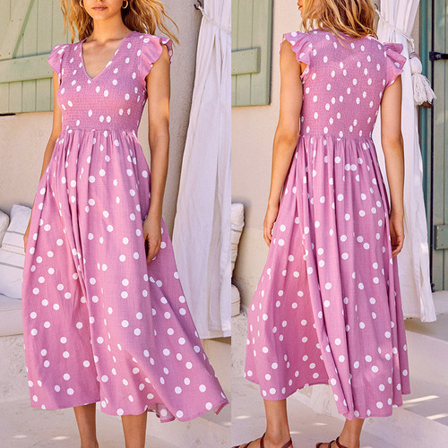 Elegant Sweet Style V-neck Tight Waist Large Skirt Circle Printed Dress For Women Floral Dresses