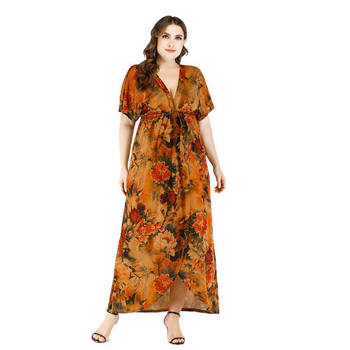 Large Size Summer Women's Dress Front Slit Sleeve Retro Style Printed