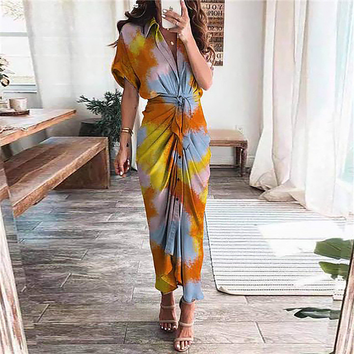 Autumn Women Clothing Fashion Printed Loose Temperament Casual Lace Up Dress