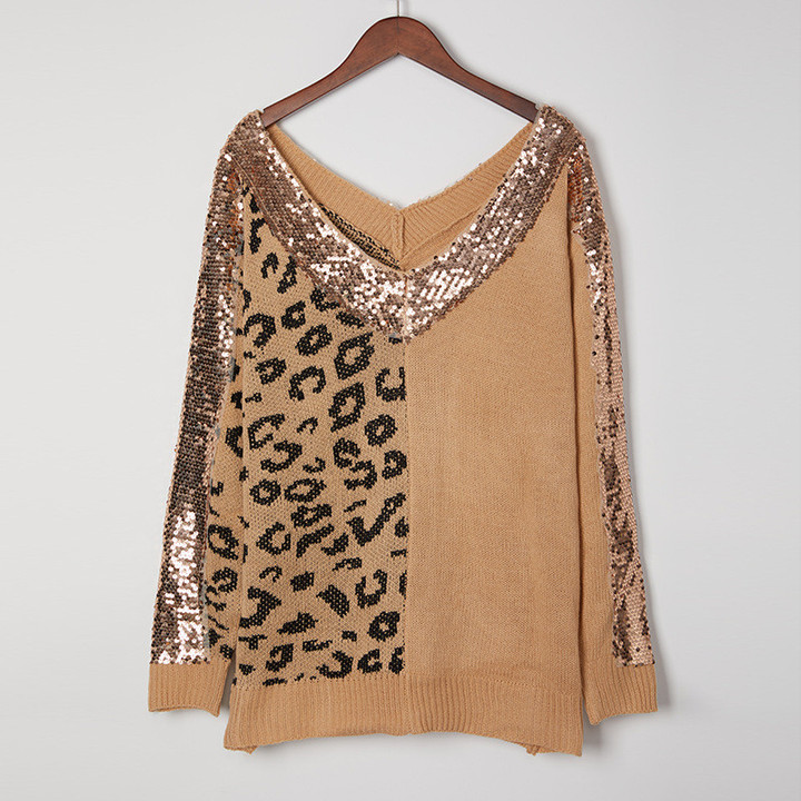 V-neck Sequins Stitching Leopard Print Knitwear Socialite Temperament Pullover Long Sleeve Women's Sweater