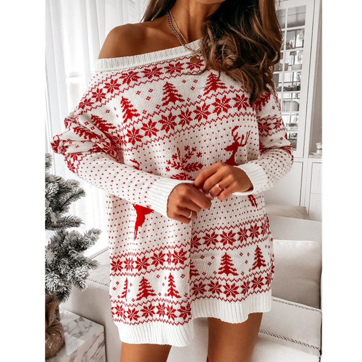 Knitted Sweater Female Lady Christmas Jacquard Loose-fitting Long-sleeved Dress