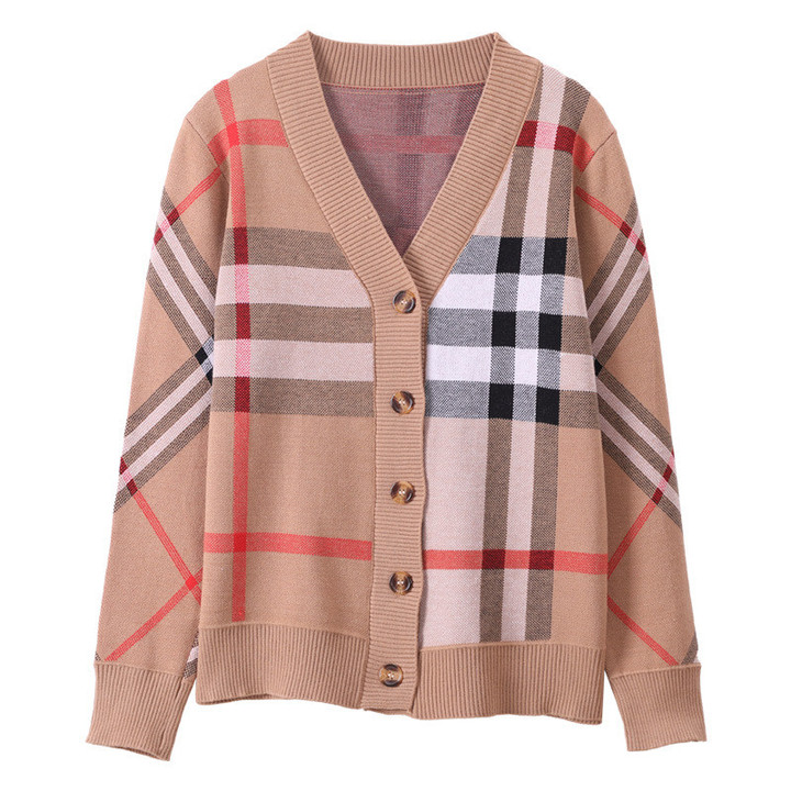 Early Autumn Knitwear V-neck Cardigan Women's Fashion Plaid High Version Sweater Coat