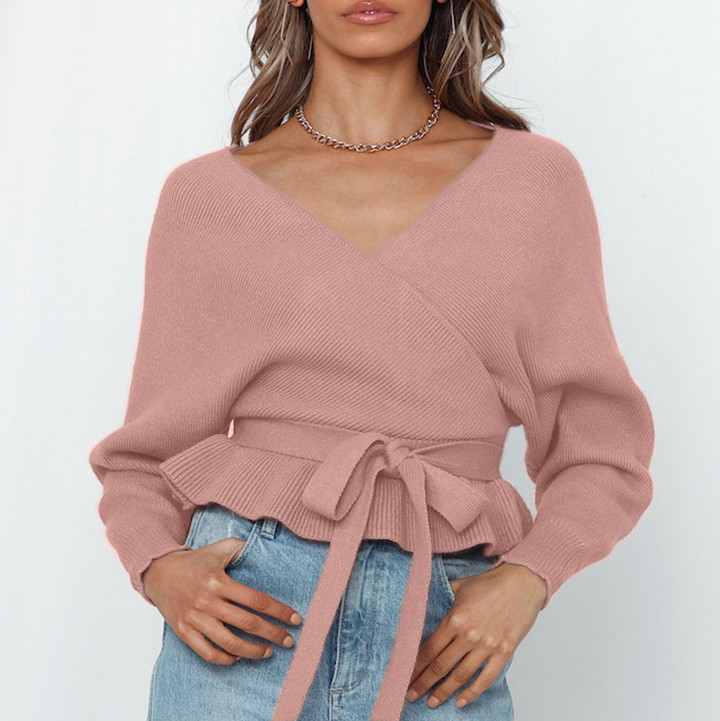 Sexy V-neck Backless Sweater Casual Lace Up Long Sleeve Top Women