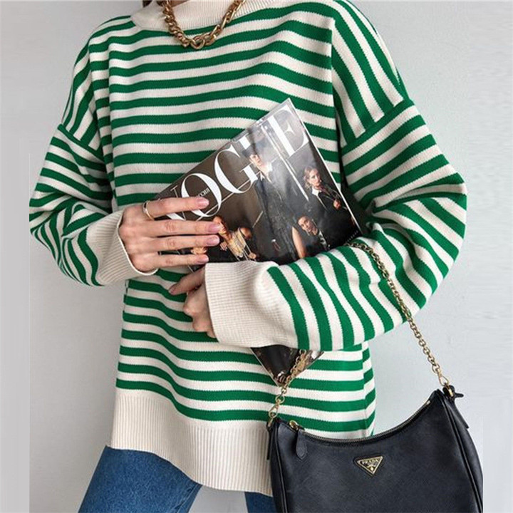 Sweater Women's Casual Striped Contrast Color Loose Long Sleeve Round Neck Pullover Woolen Top