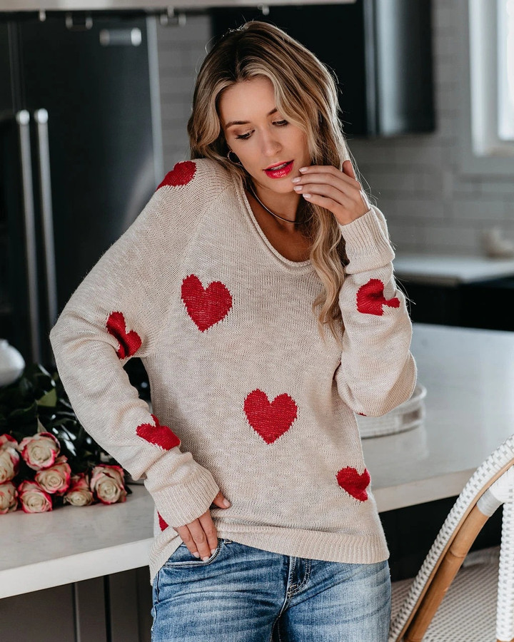 Commuter Large Size Love V-neck Pullover Sweater For Women
