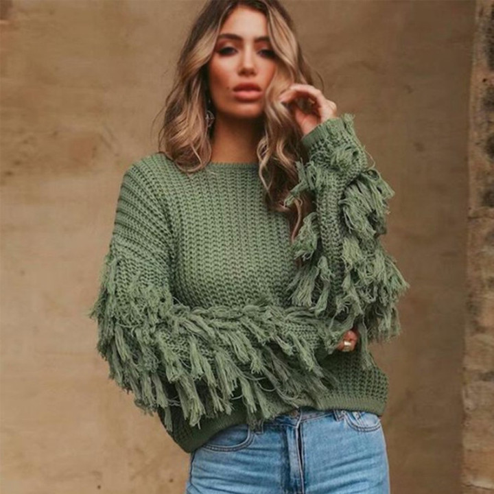 Long Sleeve Loose Pullover Burst Tassel Sweaters Women's Clothing