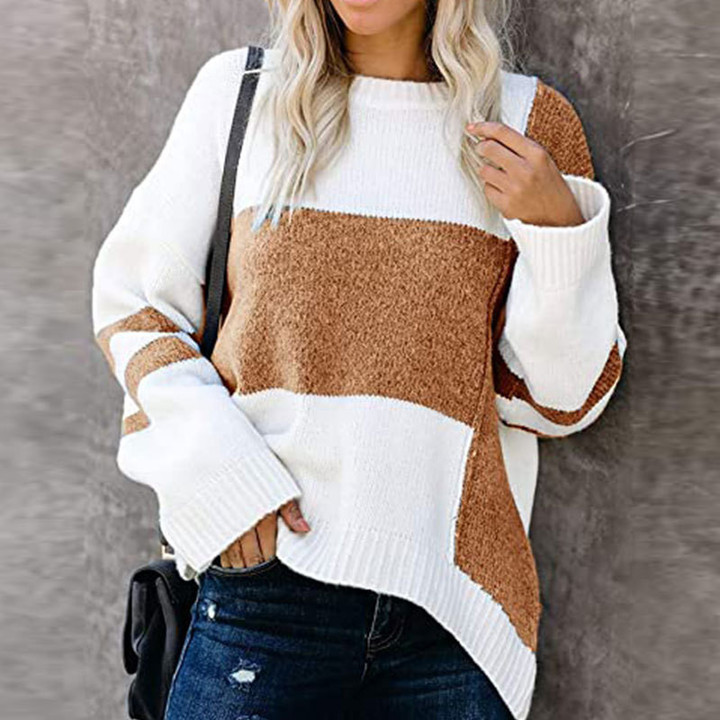 Striped Retro Street Hipster Sweater Color Contrast Patchwork Round Neck Pullover