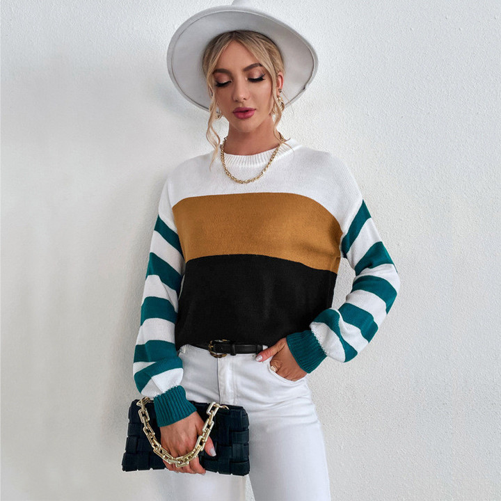 Striped Sweater Women's Pullover Loose And Lazy Style Contrast Color Knitwear